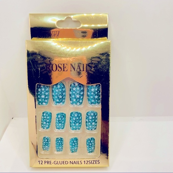 Nails Teal blue with White Stars 12 Piece Set Comes with Glue. Brilliant - Picture 6 of 7